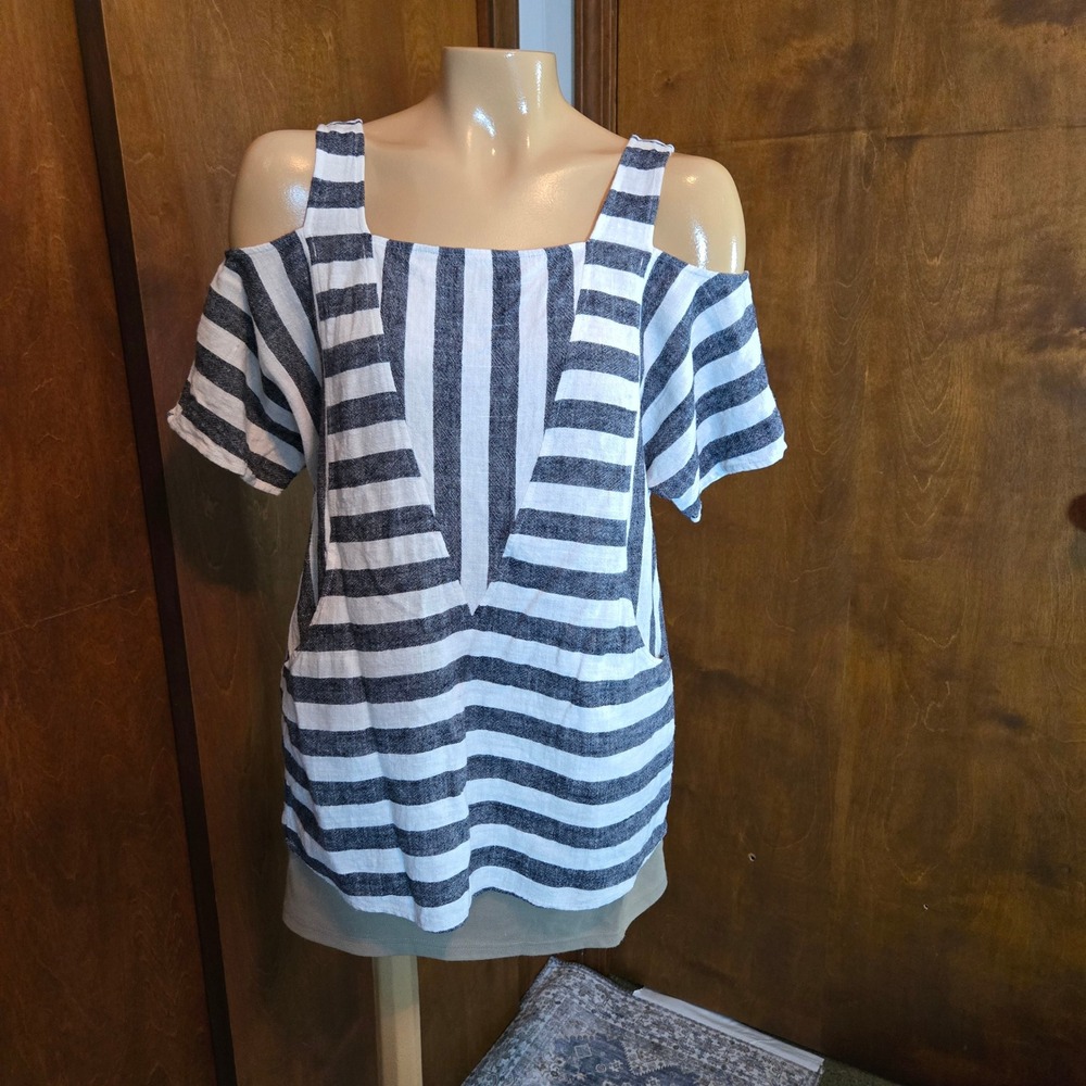 Soft Surroundings Womens Tunic Blue White Lrg Striped Linen Blend Cold Shoulder